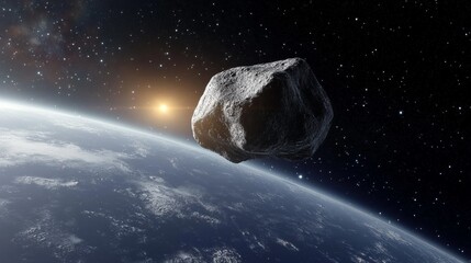 Wall Mural - Stunning View of Gigantic Asteroid Orbiting Earth with Geological Features Under Distant Sunlight