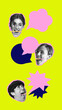 © master1305 - Vibrant collage. Three expressive faces in black and white with pink and dark speech bubbles on neon yellow background. Concept of creative communication, education, and emotional expression.
