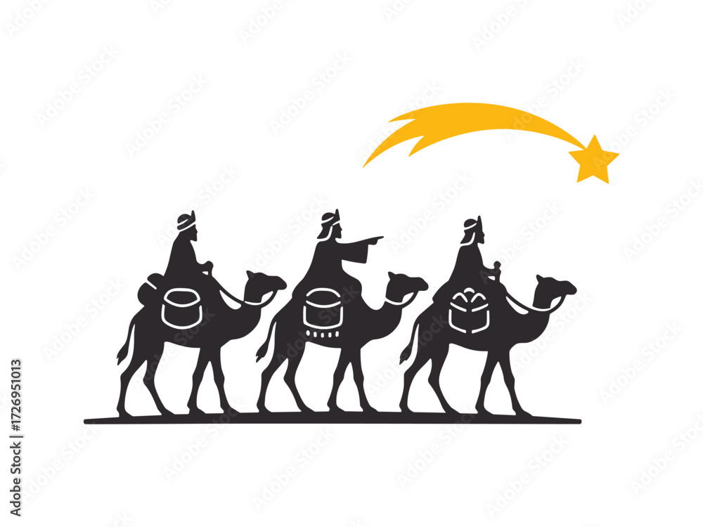 Three Wise Men on camels silhouette following star in night sky ...