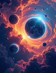 Wall Mural - Abstract planets float amidst a cosmic nebula, swirling colors and textures creating a surreal dreamscape, texture, universe, vibrant