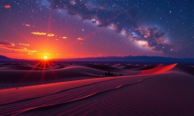 Wall Mural - Mystical desert dunes at sunset/sunrise, bathed in starlight and the ethereal glow of distant galaxies and nebulae, sky, shadow