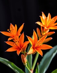 Wall Mural - Vibrant orange aloe vera flowers bloom dramatically against a stark black background, showcasing their intricate details, studio, still life, orange