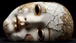 © Bonnie - Broken porcelain doll head with intricate cracks and gold accents, isolated on black background, showcasing the beauty of decay and vintage artistry