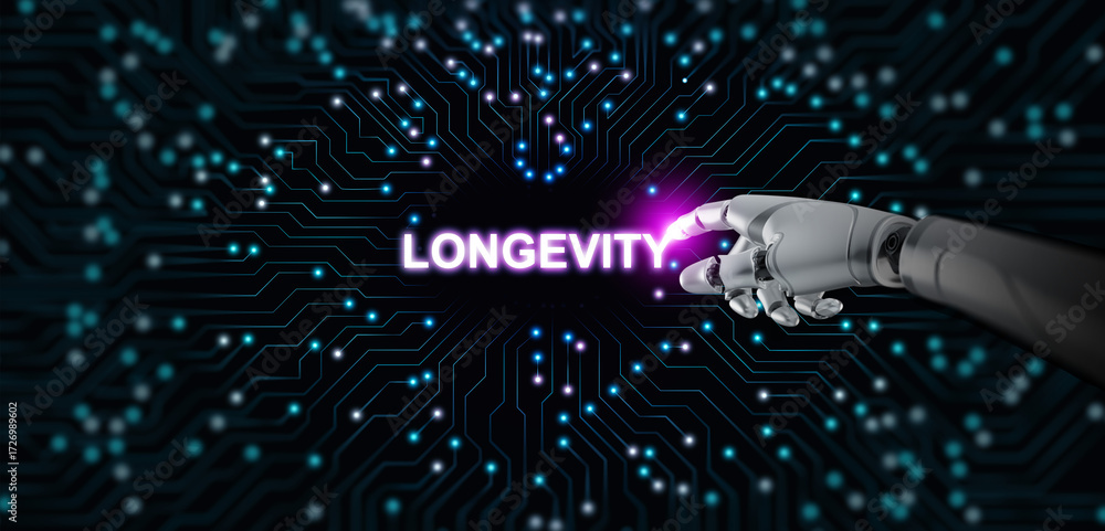 Futuristic AI robotic hand touching glowing text longevity on digital ...