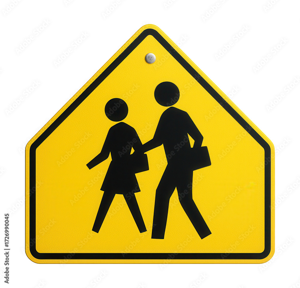 Yellow school zone road sign indicating children crossing for safety in ...