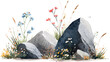 © Lina - Watercolor illustration of rocks and wildflowers, white background, simple, flat design, cute style, high resolution, professional photograph