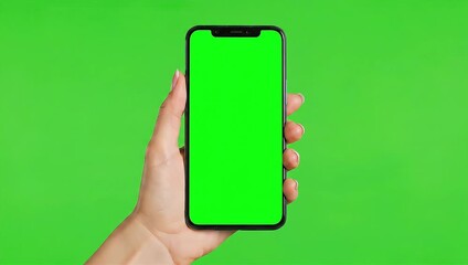 A hand holding a modern smartphone with a blank green screen, a perfect template for app or website design mockups and video content