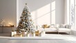 © Alice Makes - Modern living room decorated for the holidays, Christmas tree with gold and white ornaments and glowing lights, wrapped presents under the tree, neutral color scheme, minimalist home decor concept