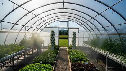 Wall Mural - Medium shot of a domeshaped polyhouse with sunlight filtering through its curved cover highlighting innovative crop growth under optimal conditions.
