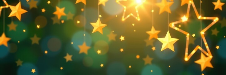 Wall Mural - Shimmering golden stars twinkle against a softly blurred green background, creating a magical, celestial scene, elegant, luxury, golden stars