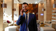 © PeopleVideos - Professional businessman talking on smartphone in modern hotel lobby, communicating during business travel
