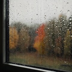 Wall Mural - Rain on Window with Blurred Autumn Background. This background evokes a cozy, peaceful, and contemplative mood perfect for fall and Thanksgiving.