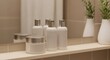 © RENA - White Cosmetic Bottles and Jar on Shelf in Minimalist Bathroom