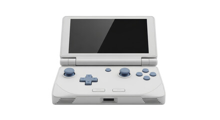 Isolated handheld game console with screen facing up, buttons and controller visible