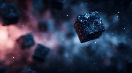 Wall Mural - Textured cubes float in a dark abstract cosmic nebula with vibrant red and blue light