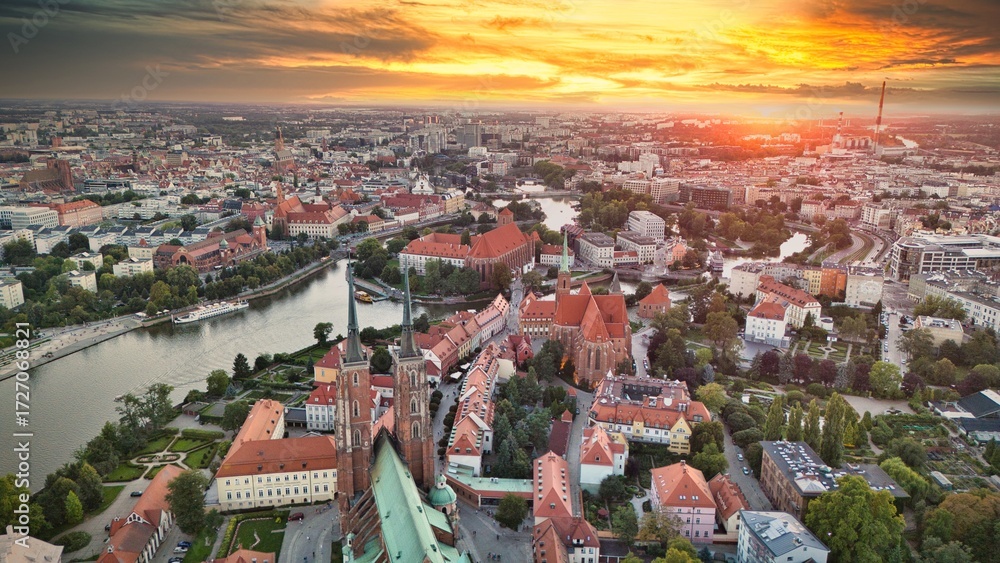 Golden Hour Aerial Panorama of Wrocław Old Town with Market Square, Historic Tenement Houses and Gothic Architecture in the Heart of Poland