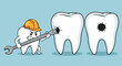 © Elen - Cartoon dental care scene with tooth character fixing caries with wrench on blue background. Cartoon dental care, hygiene,