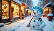 ©  VladaToday - Snowman in medical cap with stethoscope standing on snowy city street with christmas lights and decorated shop windows. Holiday healthcare character