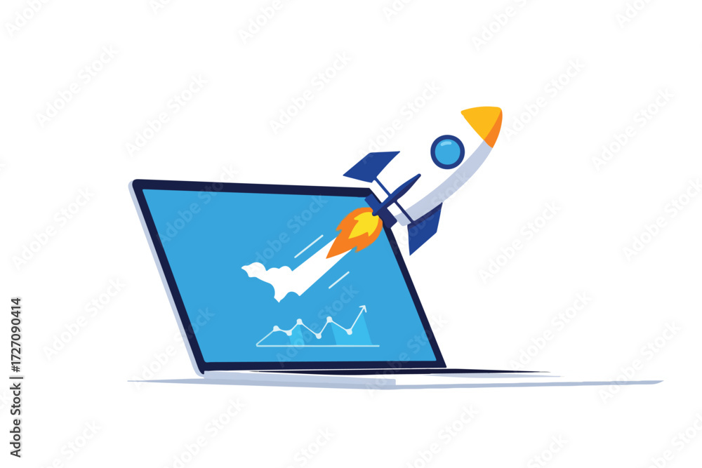 Cartoon rocket launching from a laptop screen displaying a rising graph ...