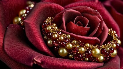 Wall Mural - Red rose with golden pearls closeup