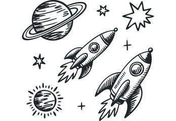 Wall Mural - Two rockets and planet illustration with stars and sun. Vector hand drawn illustration