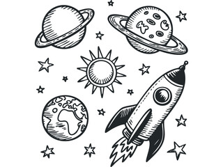 Wall Mural - Hand drawn rocket and planets in space. Vector hand drawn illustration
