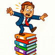 © Nargiz - Square business vector illustration of a worried businessman in a blue suit trying to balance on a tall stack of colorful office folders, symbolizing instability, deadlines, workplace risk, pressure