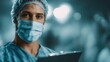 © Bussakon - Close up of a medical professional wearing a surgical mask and cap holding a clipboard