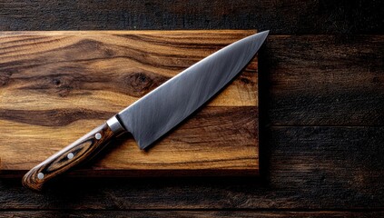 A chef's knife rests on a wooden cutting board (1)