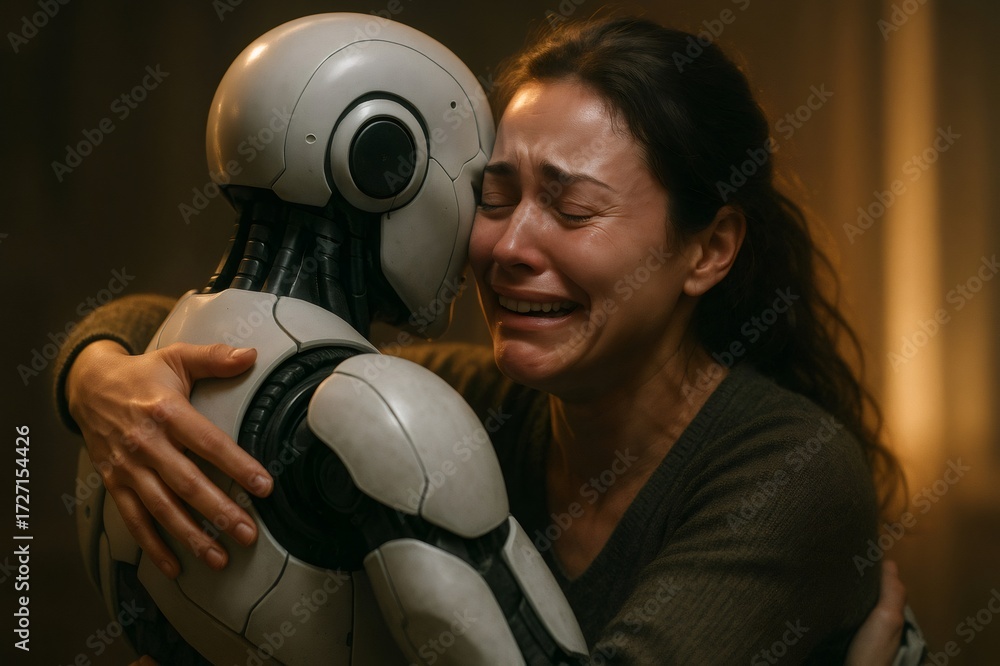 Woman is crying while embracing a humanoid robot, highlighting the ...