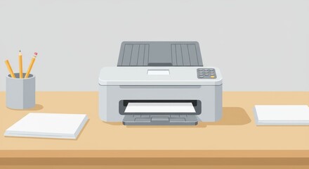 Work desk with a printer, pencils, and paper ready for document print