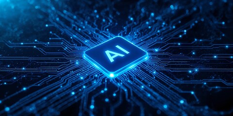 AI chip with abstract circuit board on technology blue background. Light semiconductor in the center of tech bg. Digital vector illustration. Processor or microchip with Artificial Intelligence