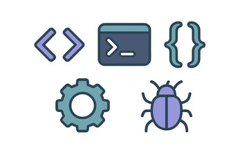 Programming and software development icons featuring code brackets, terminal window, gear, and bug symbol