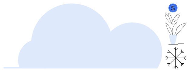 Large blue cloud, plant with dollar coin, and snowflake representing cloud storage, growth, sustainability, and innovation. Ideal for finance, technology, nature climate savings data simple flat