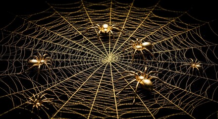 A detailed golden spider web with multiple golden spiders crawling on it, against a dark background