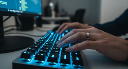 Close-up of a programmer's hands typing on a blue backlit keyboard, writing code on a computer monitor. Focus on the digital workflow and software development