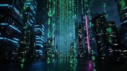 Futuristic cityscape at night with cascading digital code creating an ethereal glow.