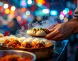 © dedy - Steaming hot delicious dumplings served at an Asian night market with bokeh lights in the background, a culinary delight