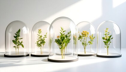 Plants Growing Under Glass Cloches on White Surface