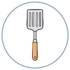 Illustrated kitchen spatula with wooden handle inside a blue circle graphic