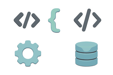 Wall Mural - Programming code symbols, curly braces, settings gear, and database stack for software development and data management