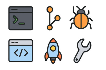 Modern technology symbols representing software development, programming, debugging, application launch, and system maintenance processes