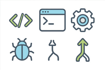 Essential software development icons including programming code, terminal, settings, bug, and version control symbols