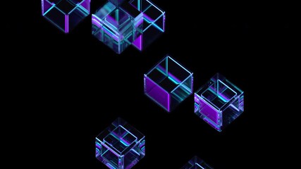 Wall Mural - Abstract animation, glass cubes on black background, 4k seamless looped video, 3d render