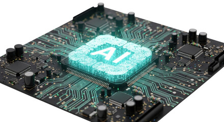 Artificial Intelligence chip with luminous AI message isolated PNG with Transparent Background