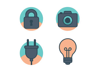 Modern flat design icons representing essential concepts of technology, security, photography, power, and creative ideas