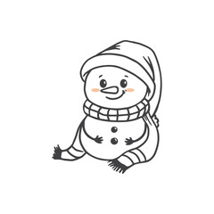 Wall Mural - Cute cartoon snowman with a scarf and hat in doodle style. Christmas Coloring page. Vector illustration 