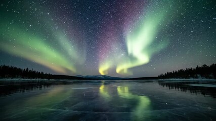 Wall Mural - vibrant northern lights flowing above a glassy frozen lake under a starry night sky timelapse dynami
