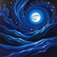 Wall Mural - Abstract celestial landscape: swirling blues, blacks, and whites depict a moon and scattered stars in a dreamy night sky, design, blue, mystical