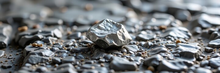 Wall Mural - Gleaming platinum nugget rests on cool, grey stone, reflecting soft light. A single, precious metal anomaly against a rough, natural backdrop, geology, texture, shiny